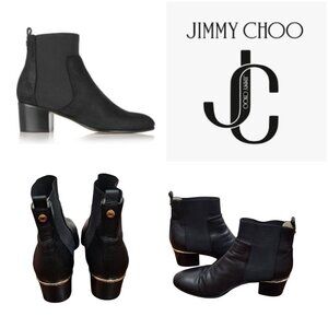 Jimmy Choo Black Leather Chelsea Ankle Boots US10/EU41 Gold Heel Accent Slip-On